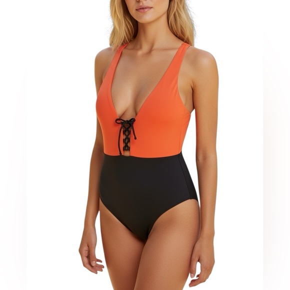 Onia Iona One Piece Swimsuit Colorblock Black and Red Size Medium & Large NWT